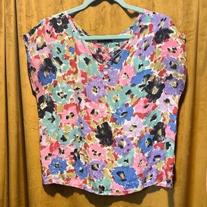 BDG 100% Silk Floral Cap-Sleeve V-Neck Top
